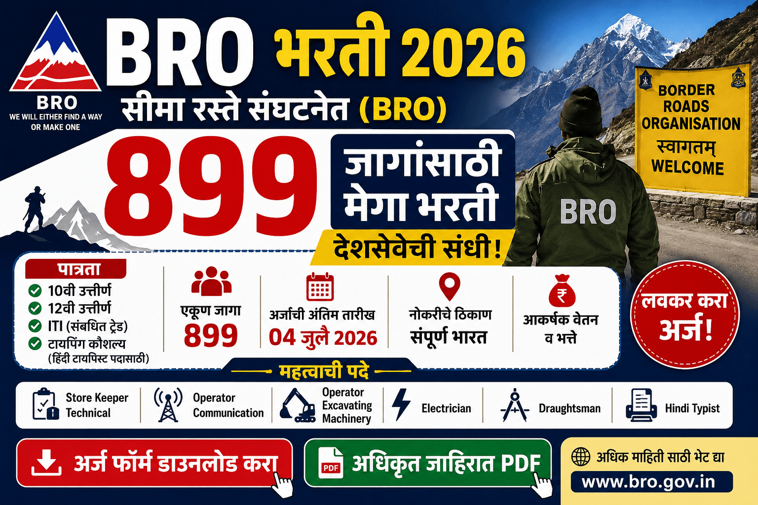 BRO Bharti 2026: सीमा रस्ते संघटनेत 899 जागांची भरती | अर्ज सुरू